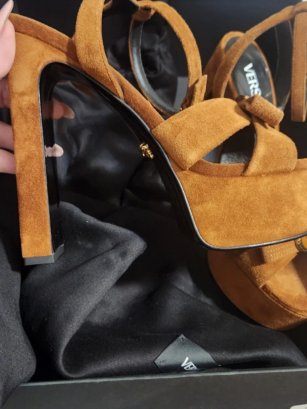 Versace Brown Suede Gianna Platform Bow Open Toe Medallion NEW